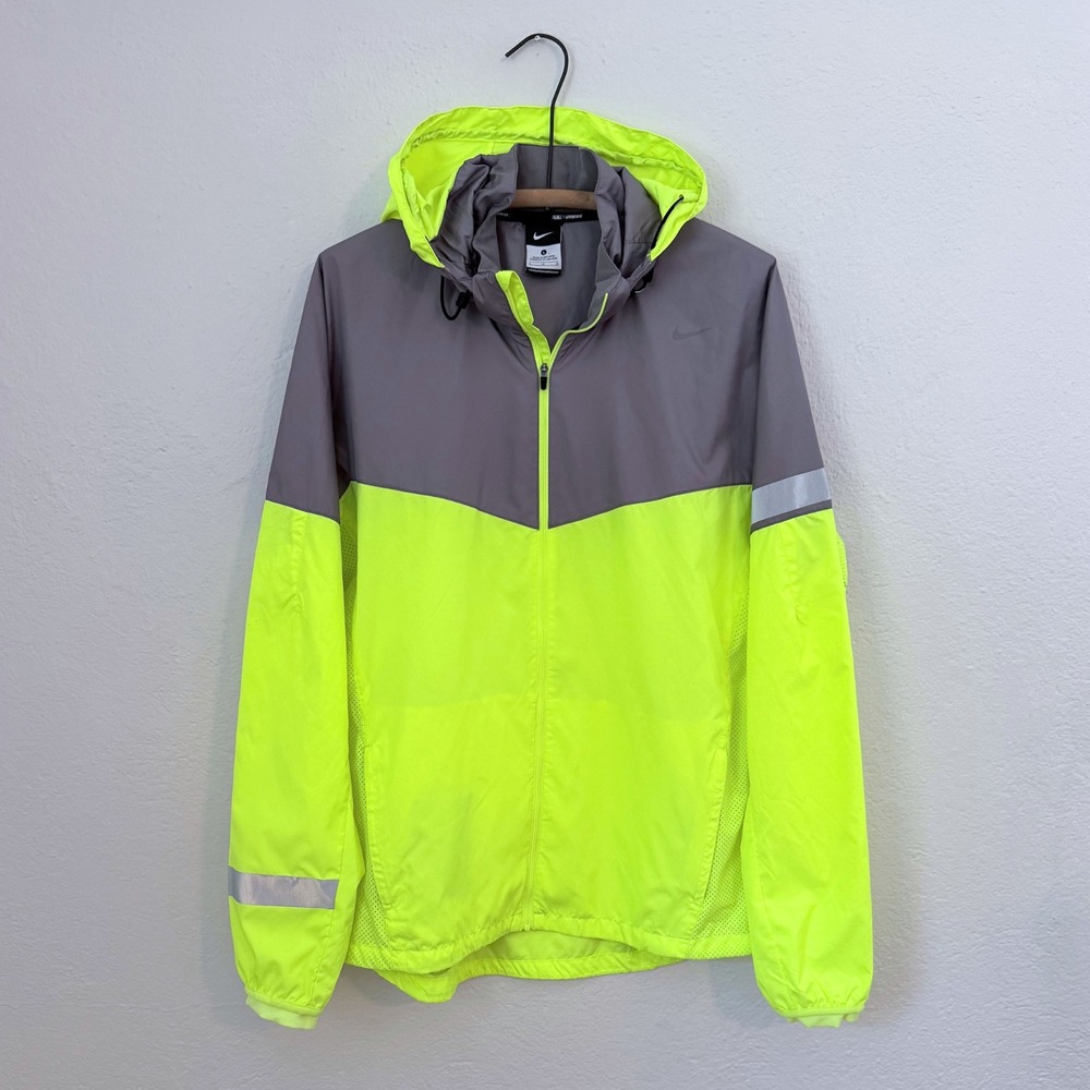 Nike Running Windbreaker Jacket Volt Gray Colorblock Hood Size L Gorpcore